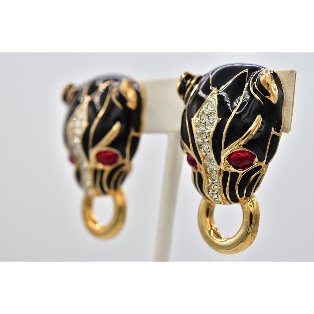 Vintage NOS Panther Head Clip On Earrings Red Cabochon Black Enamel 1980s A28 - Picture 3 of 12
